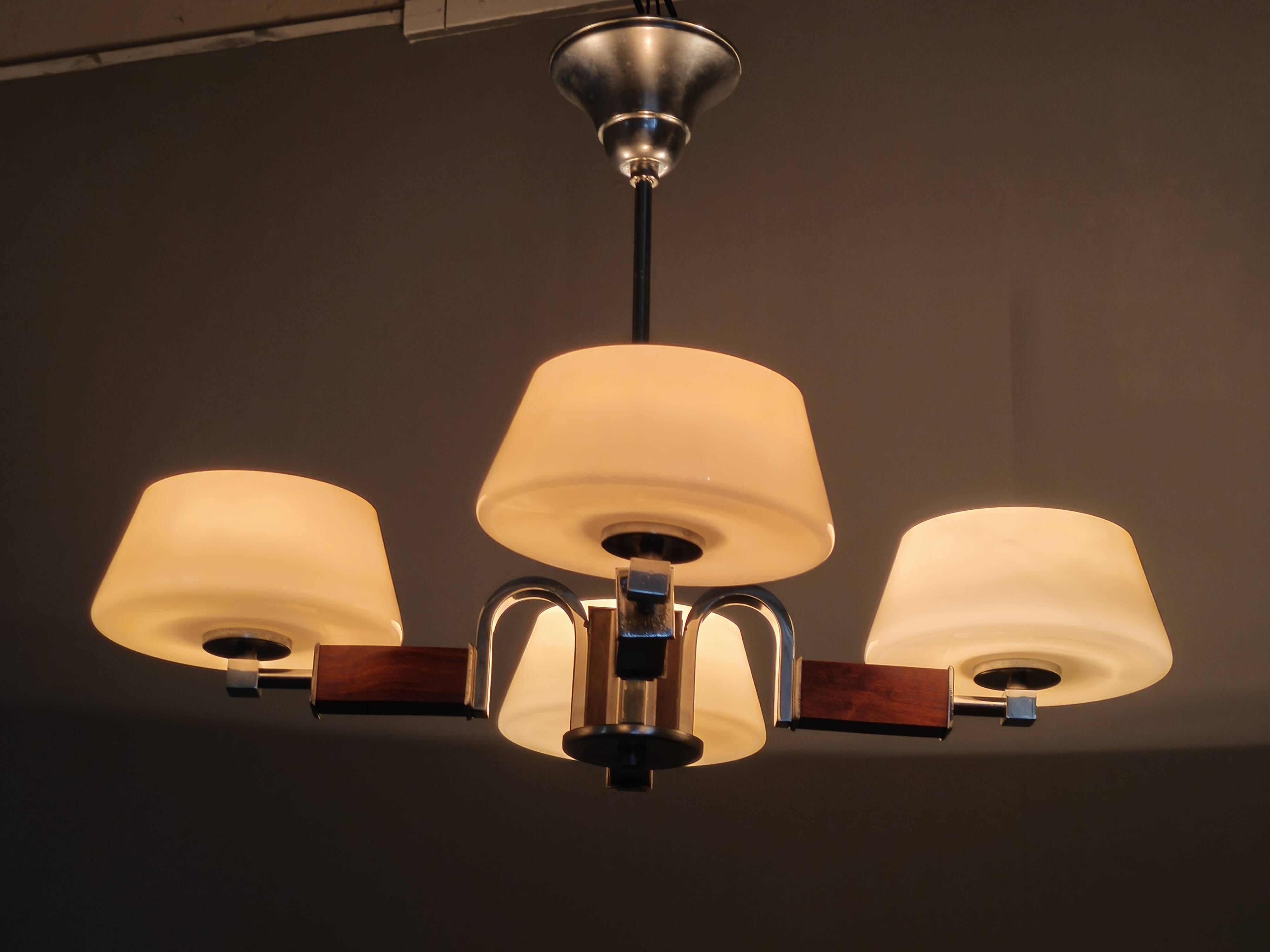 Art Deco Chandelier in Chrome, Wood and Glass, Czechoslovakia