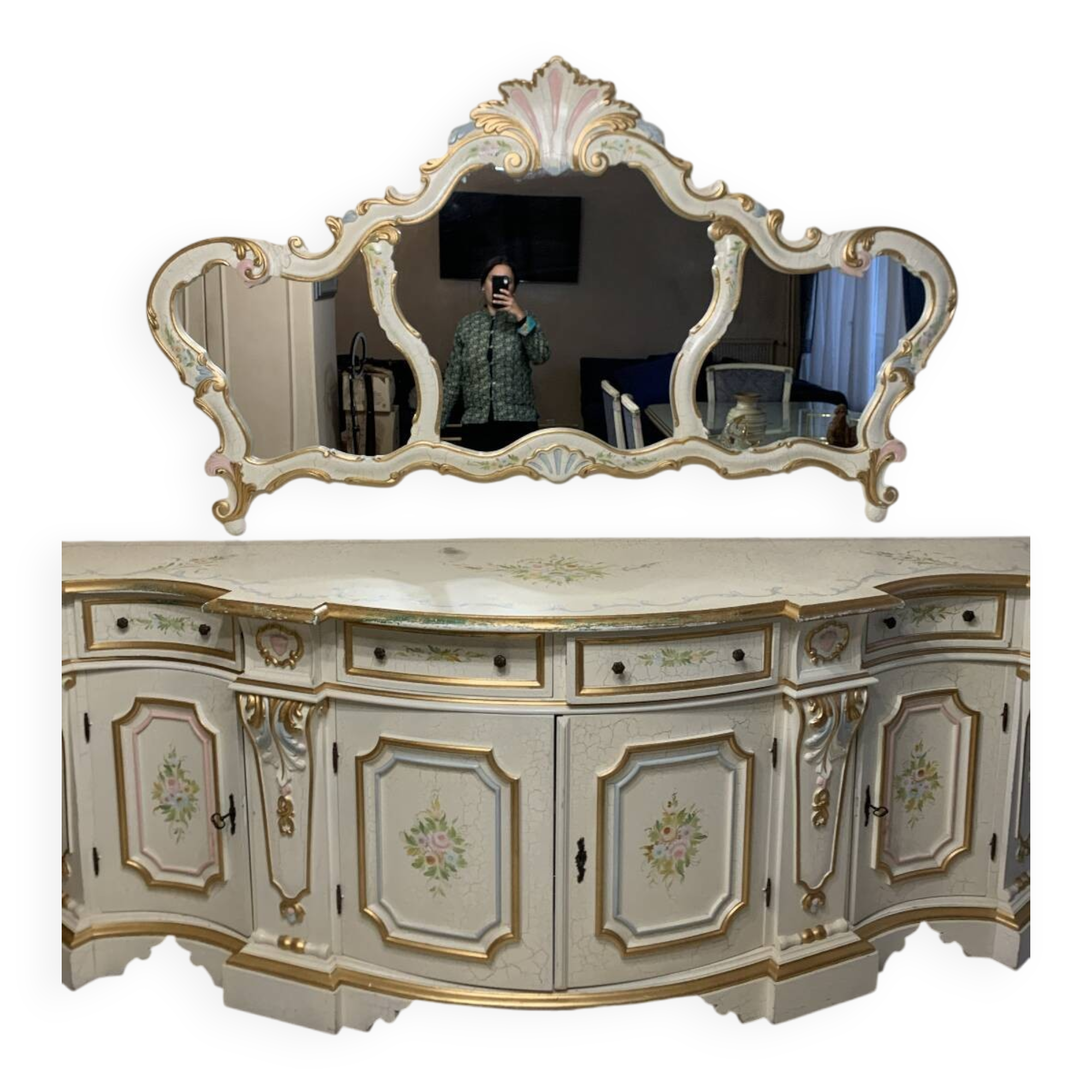 Rococo style white wooden sideboard
