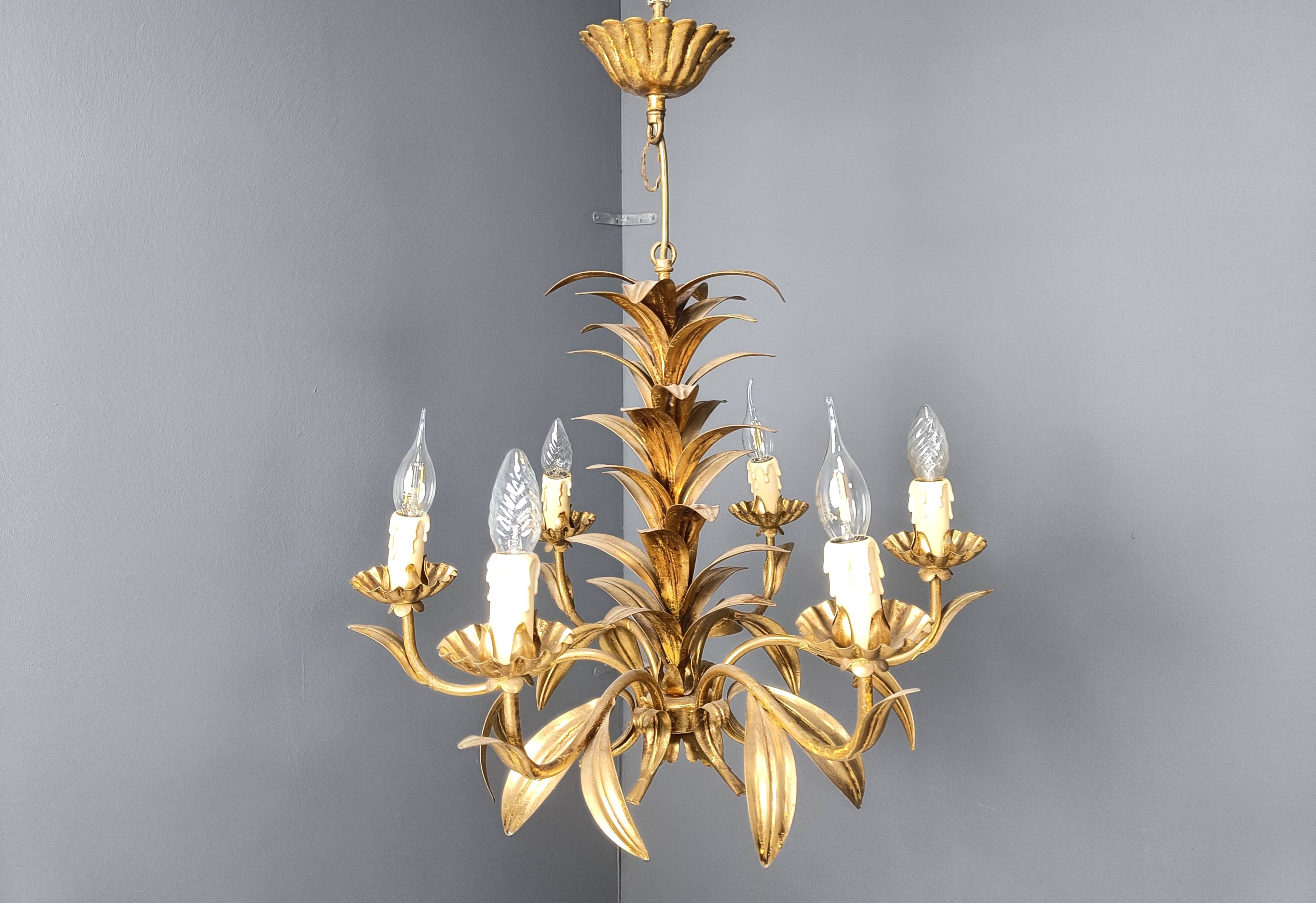 Vintage gilt metal pineapple leaf chandelier, 1960s
