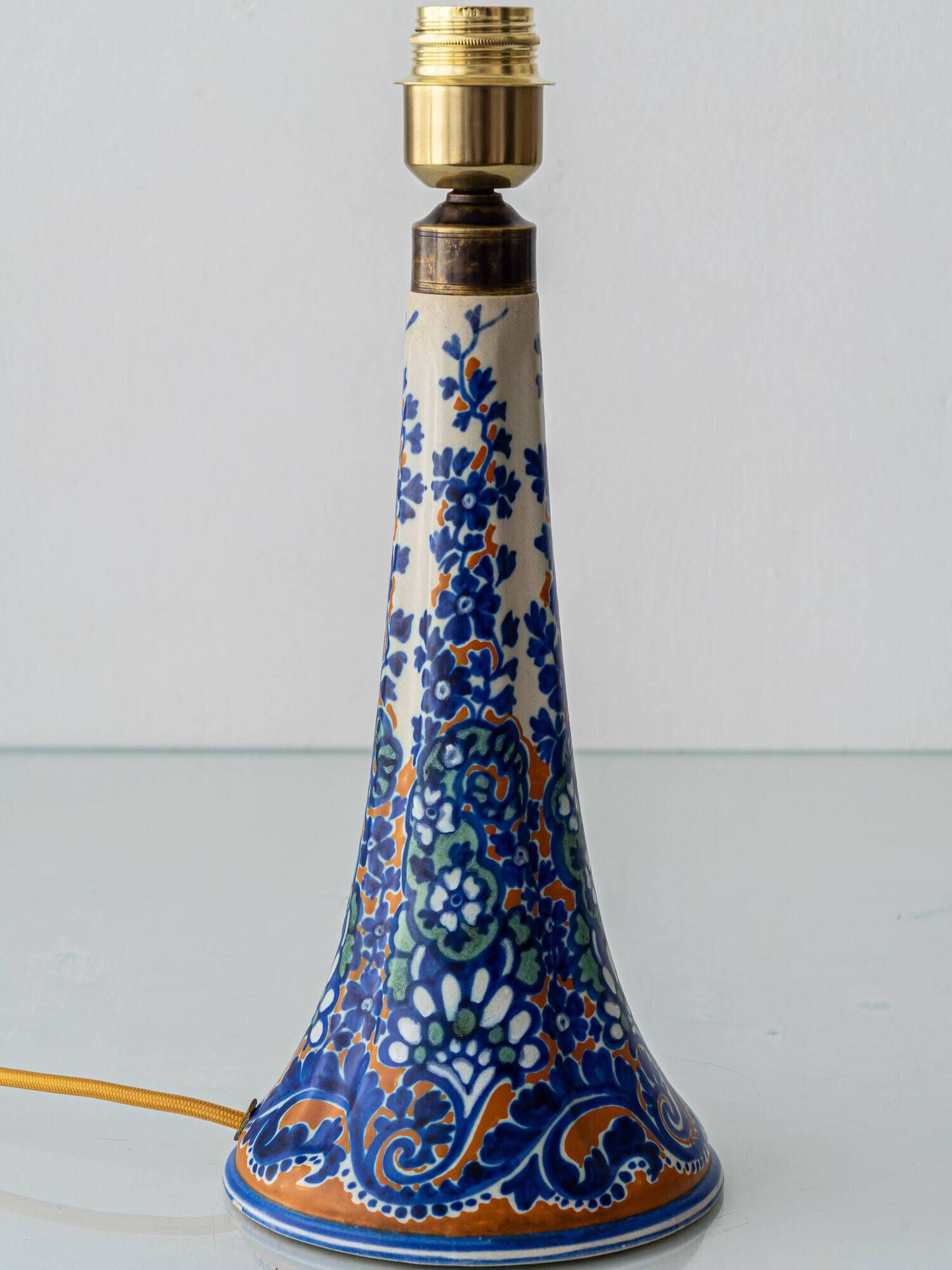 Antique Art Deco Gouda Pottery Table Lamp, c. 1910-35, New Ochre Linen Shade