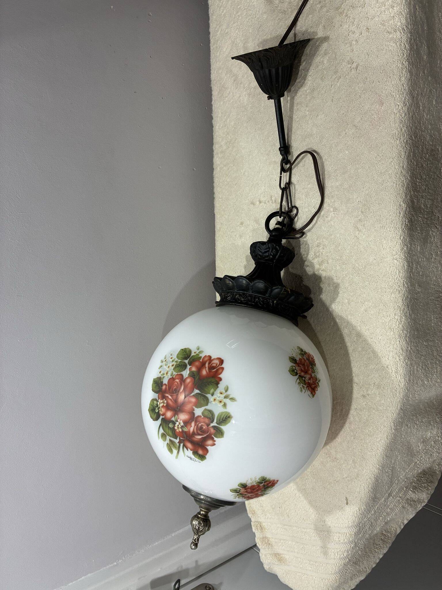 Massive opaline glass pendant light with rose decor, 1970s
