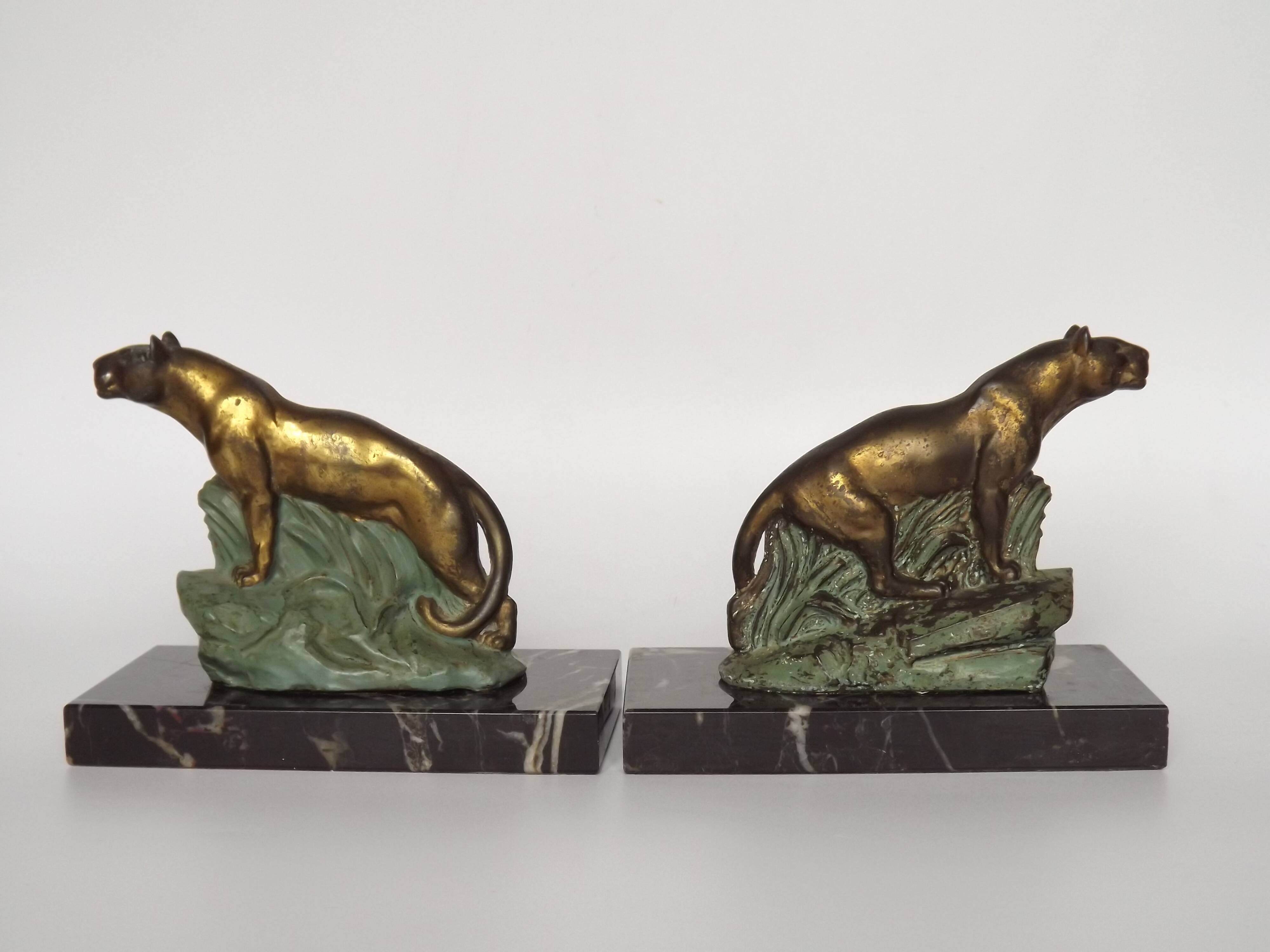 Vintage French Art Deco Panther Book Ends - Marble and Metal Bookends