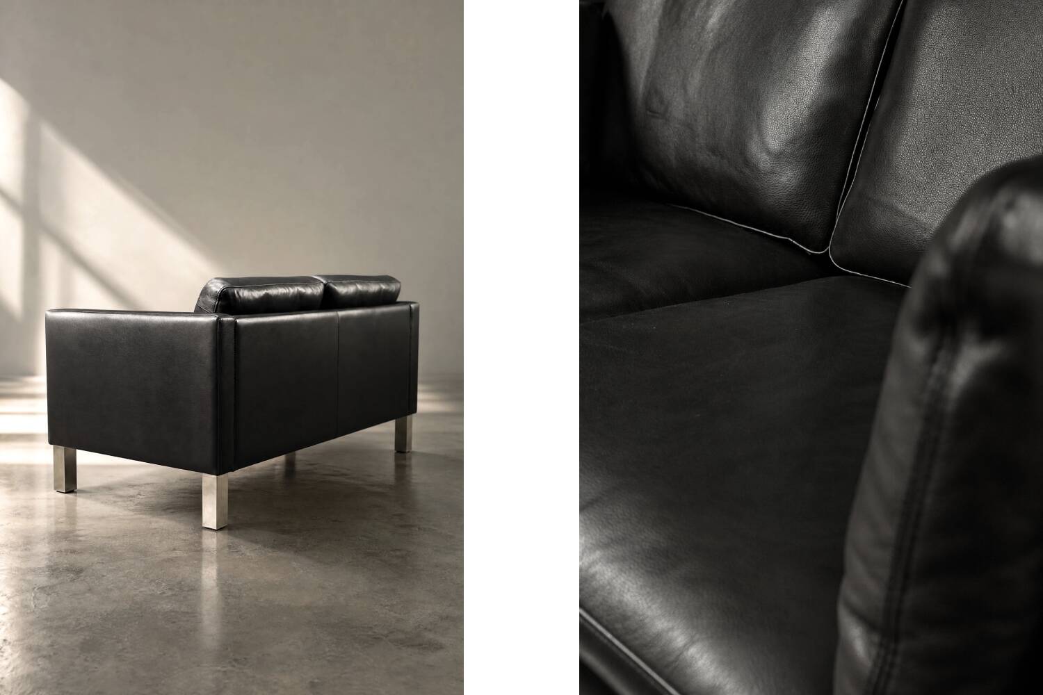 Vintage Mid-Century Danish Modern Two-Seater Black Leather Sofa, 1970s