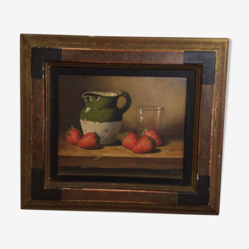 Oil on canvas still life ´strawberries and stoneware pitcher´ signed Thouy.