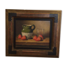Oil on canvas still life ´strawberries and stoneware pitcher´ signed Thouy.