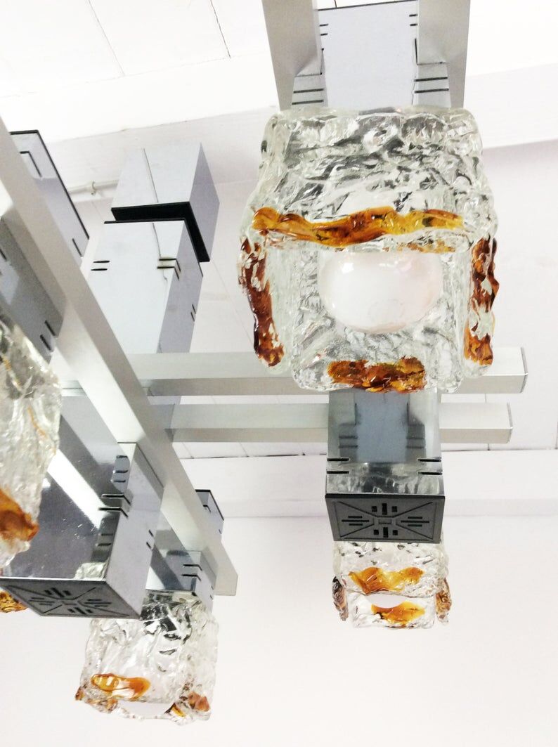 1970's cubic chandelier in chromed metal designed by Maison Sciolari for Mazzega