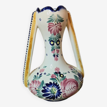 Ancien Grand Vase en faïence de HB Quimper, décor floral, Hauteur 26 cm