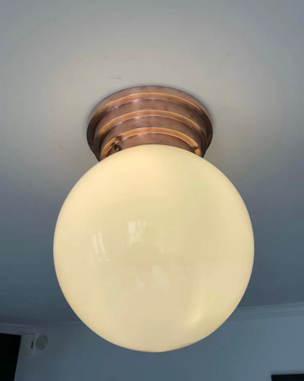 Vintage ceiling lamp, copper and art deco opaline, France 1930