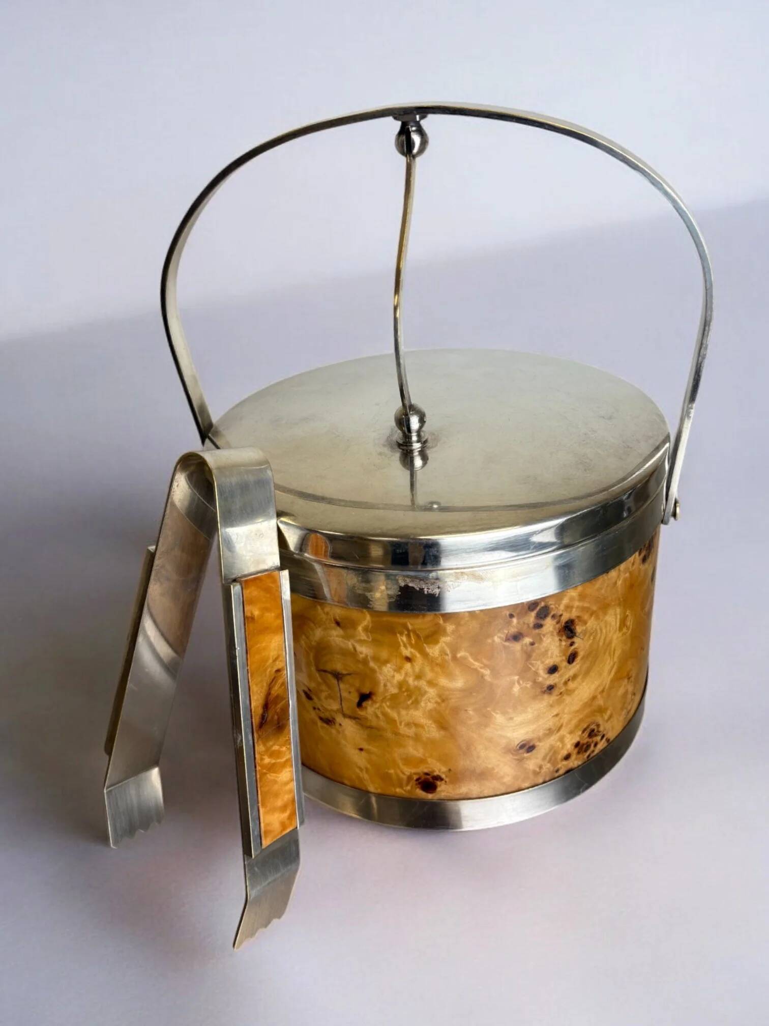 Lucite burl wood & brass ice bucket with tongs, Italy, circa 1970
