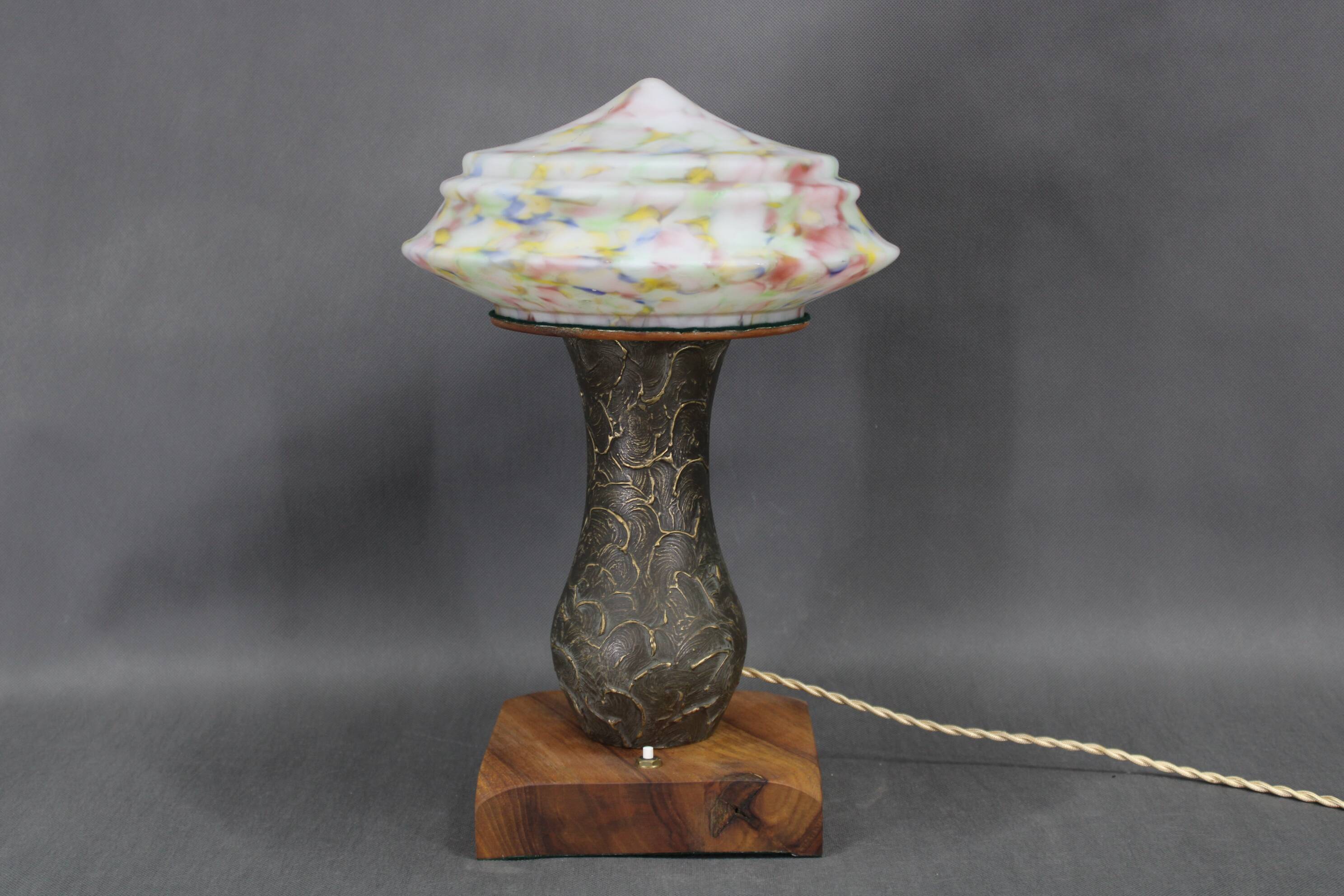 1940s restored brass table lamp with wooden base and glass shade