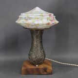 1940s restored brass table lamp with wooden base and glass shade