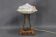 1940s restored brass table lamp with wooden base and glass shade