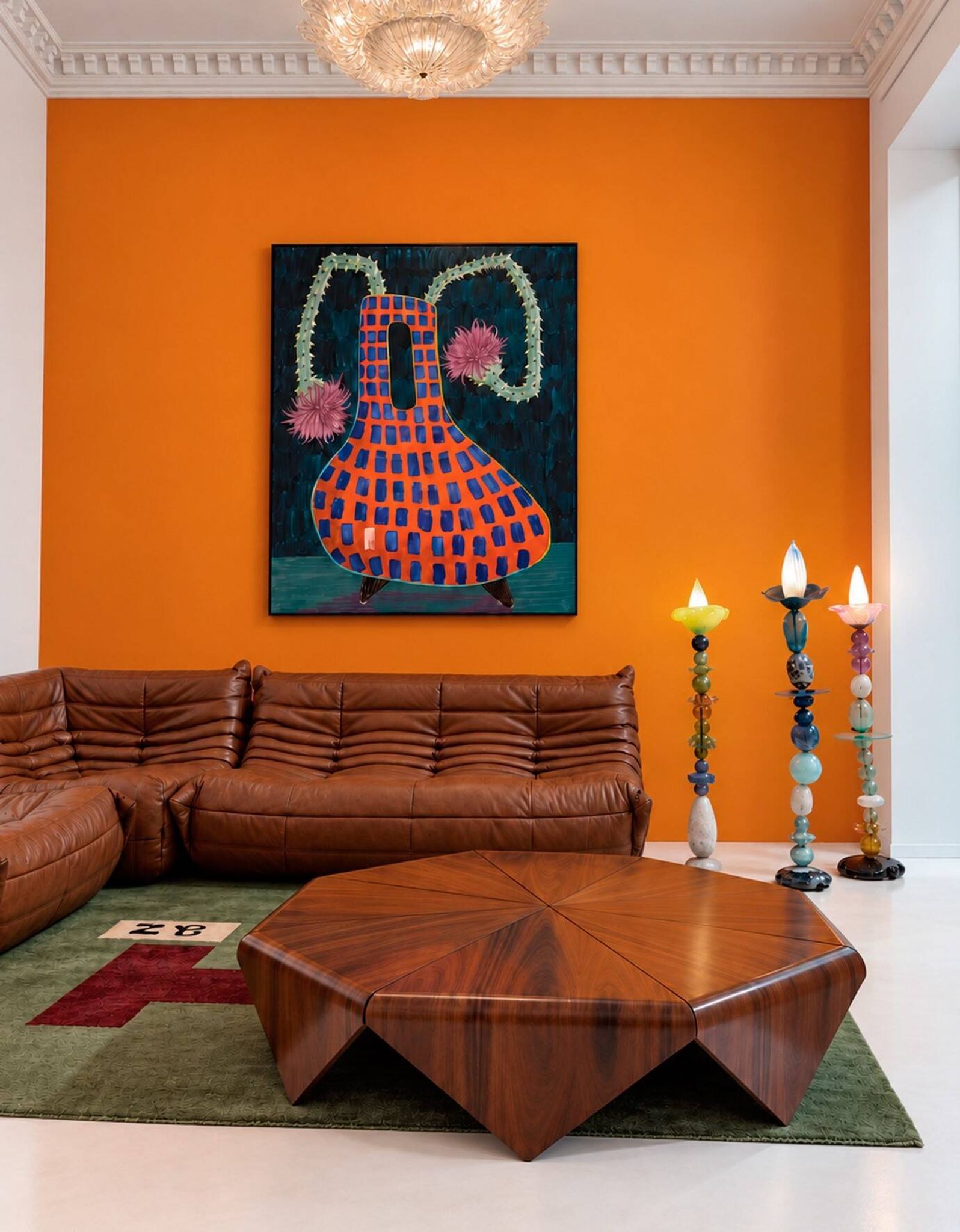 Set of three sculptural multicoloured glass floor lamps in a modernist style.