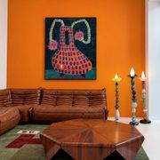 Set of three sculptural multicoloured glass floor lamps in a modernist style.