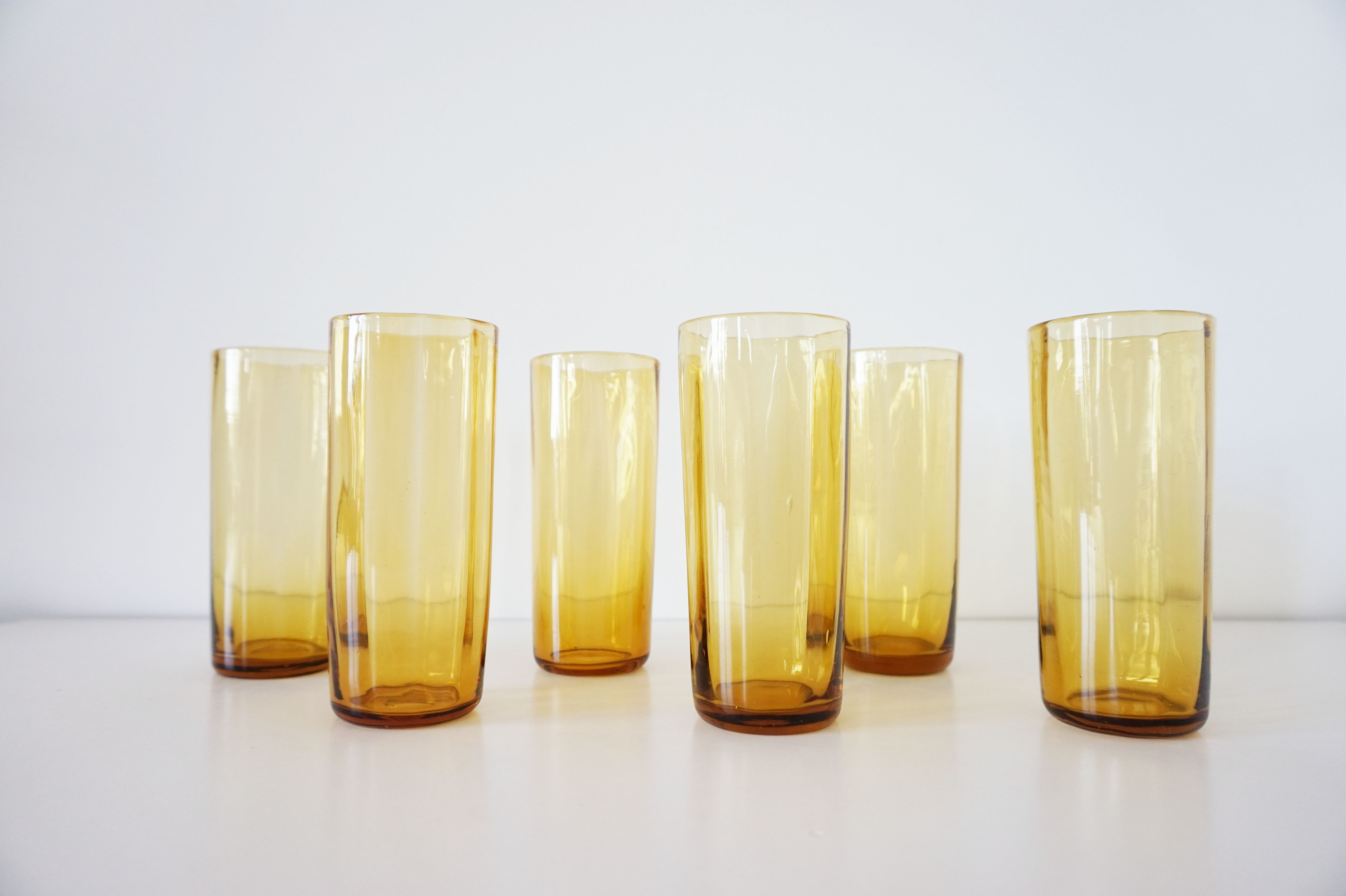 6 amber glass water glasses 1960