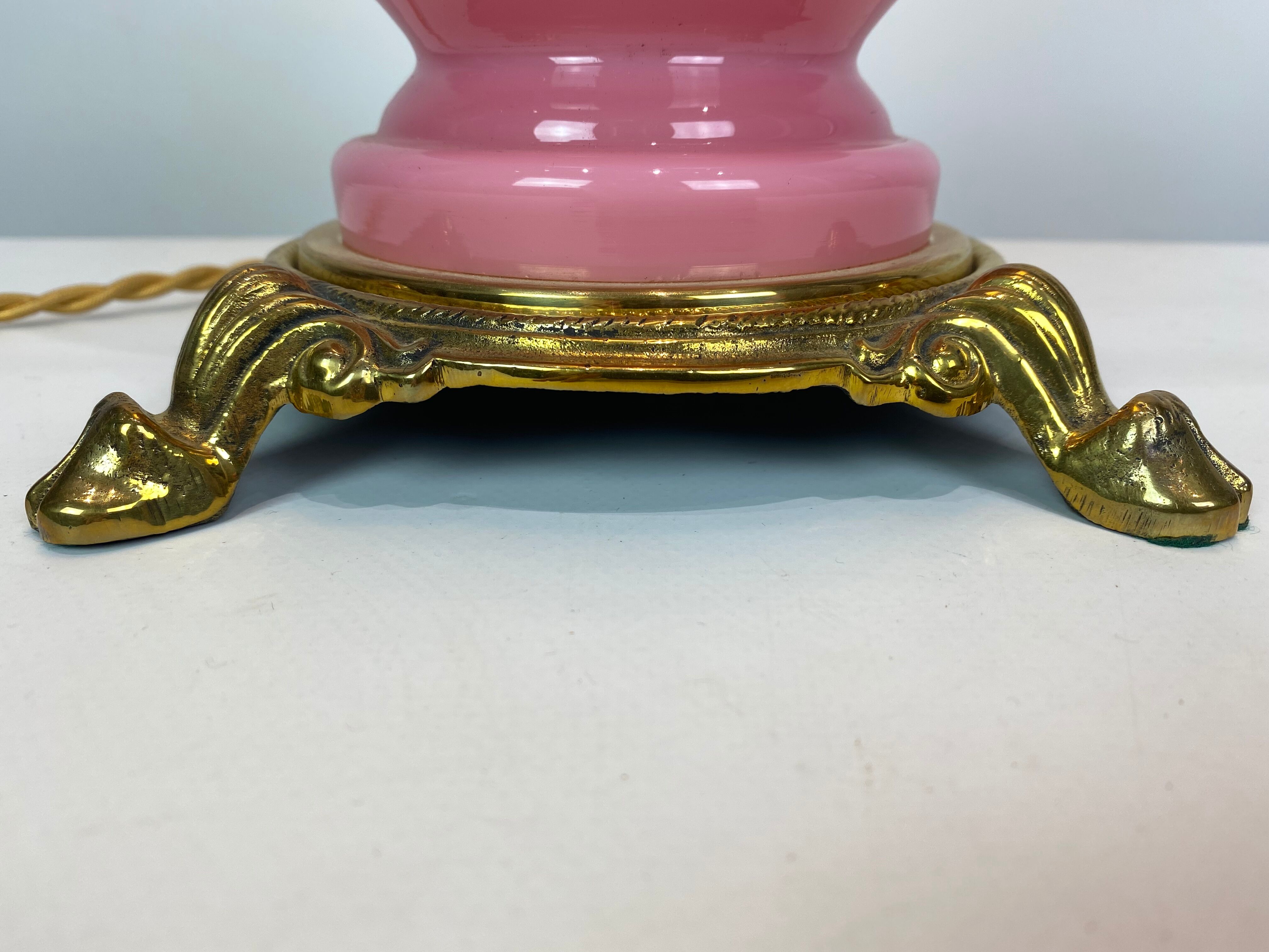 Table lamp with frame of pink opaline glass Funen's glassworks, 1930s