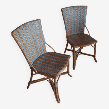 2 woven rattan garden chairs – sky blue net patterns – 1940s