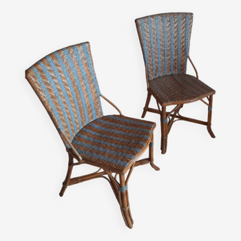 2 woven rattan garden chairs – sky blue net patterns – 40s