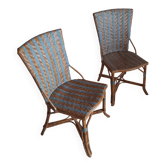 2 chaises de jardin en rotin tressé – motifs filets bleu ciel – années 40