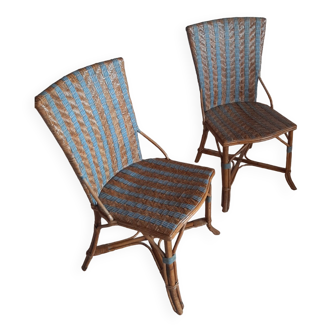 2 woven rattan garden chairs – sky blue net patterns – 1940s