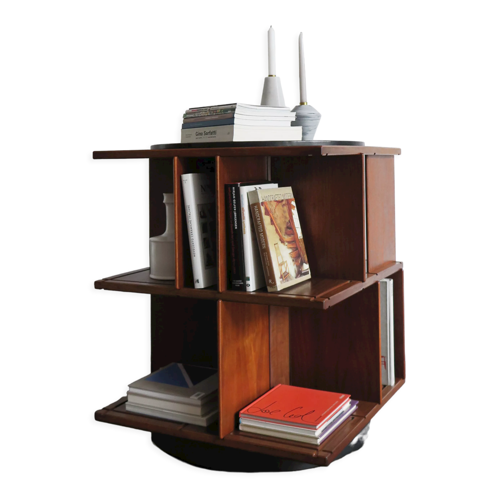 Gianfranco Frattini for Bernini italian wood leather swivel bookcase 1960s