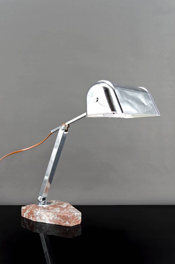 Grande Lampe de Bureau, Chrome, Aluminium et Marbre, Art Déco Moderniste
