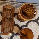 Photophores moucharabieh style candlesticks in brass and orange bubbled glass