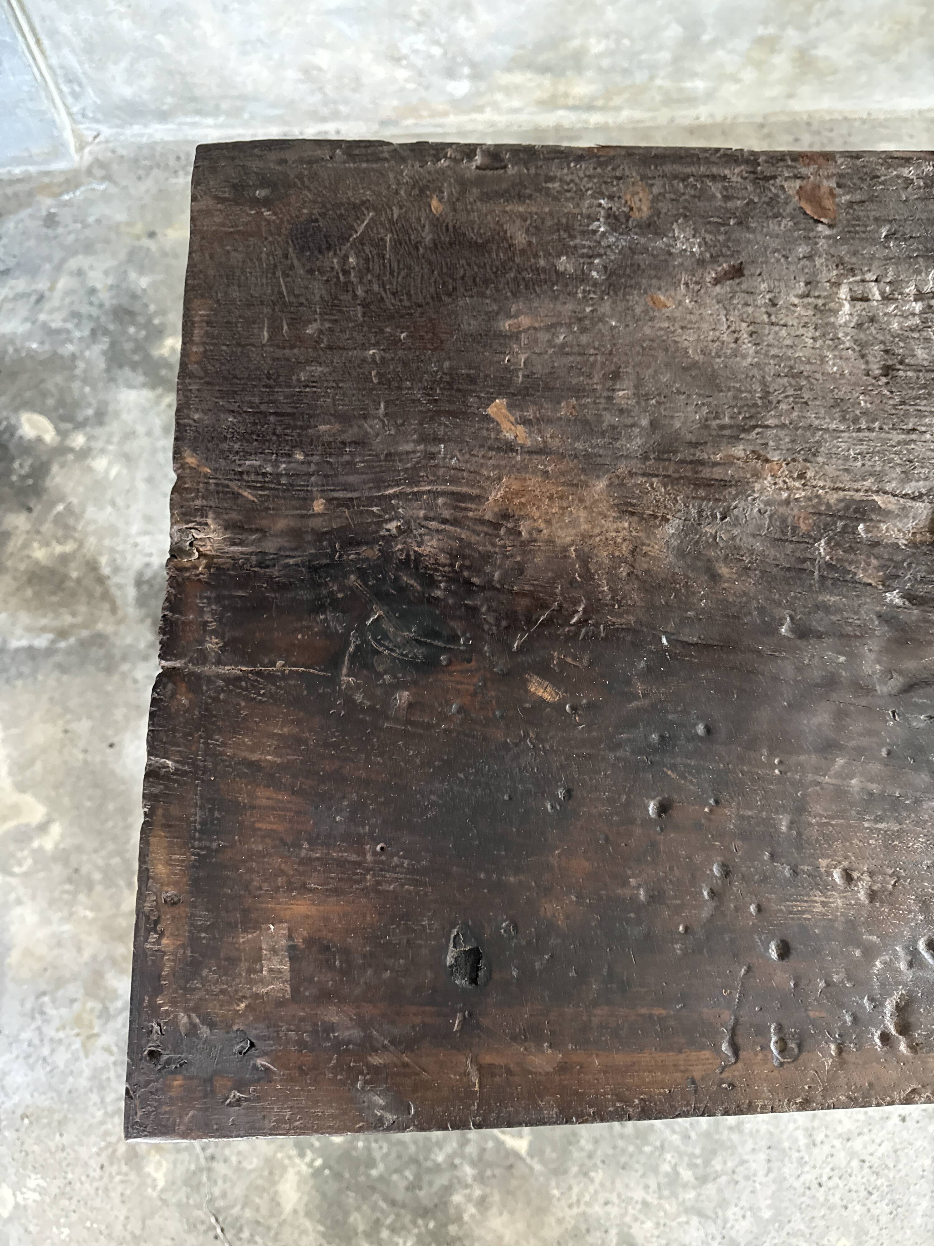 Antique Indonesian teak workbench with two drawers and stretcher H89.