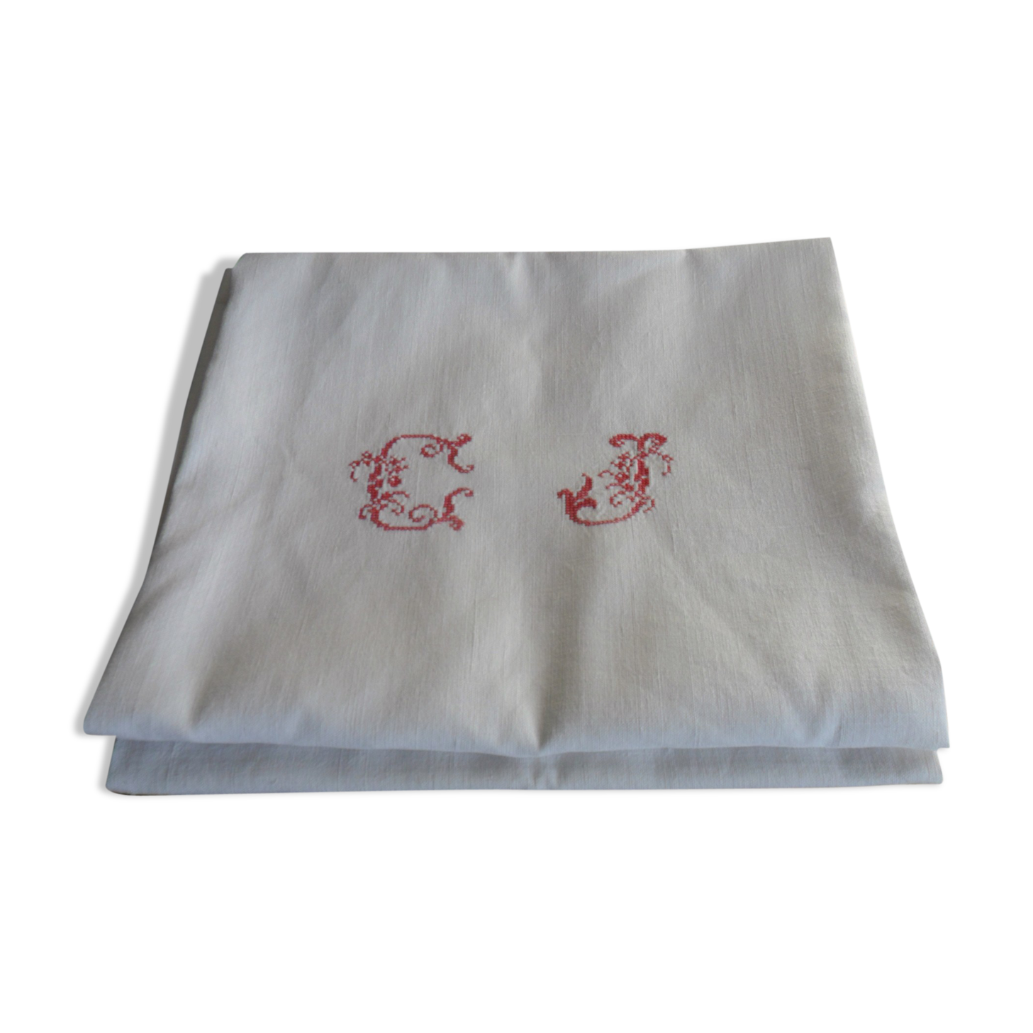 Set of 2 old embroidered towels, red monogram
