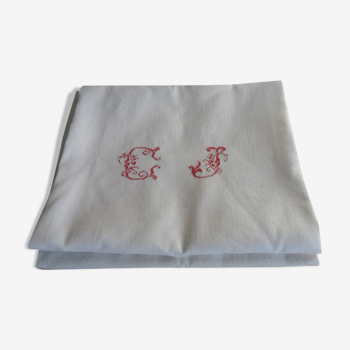 Set of 2 old embroidered towels, red monogram
