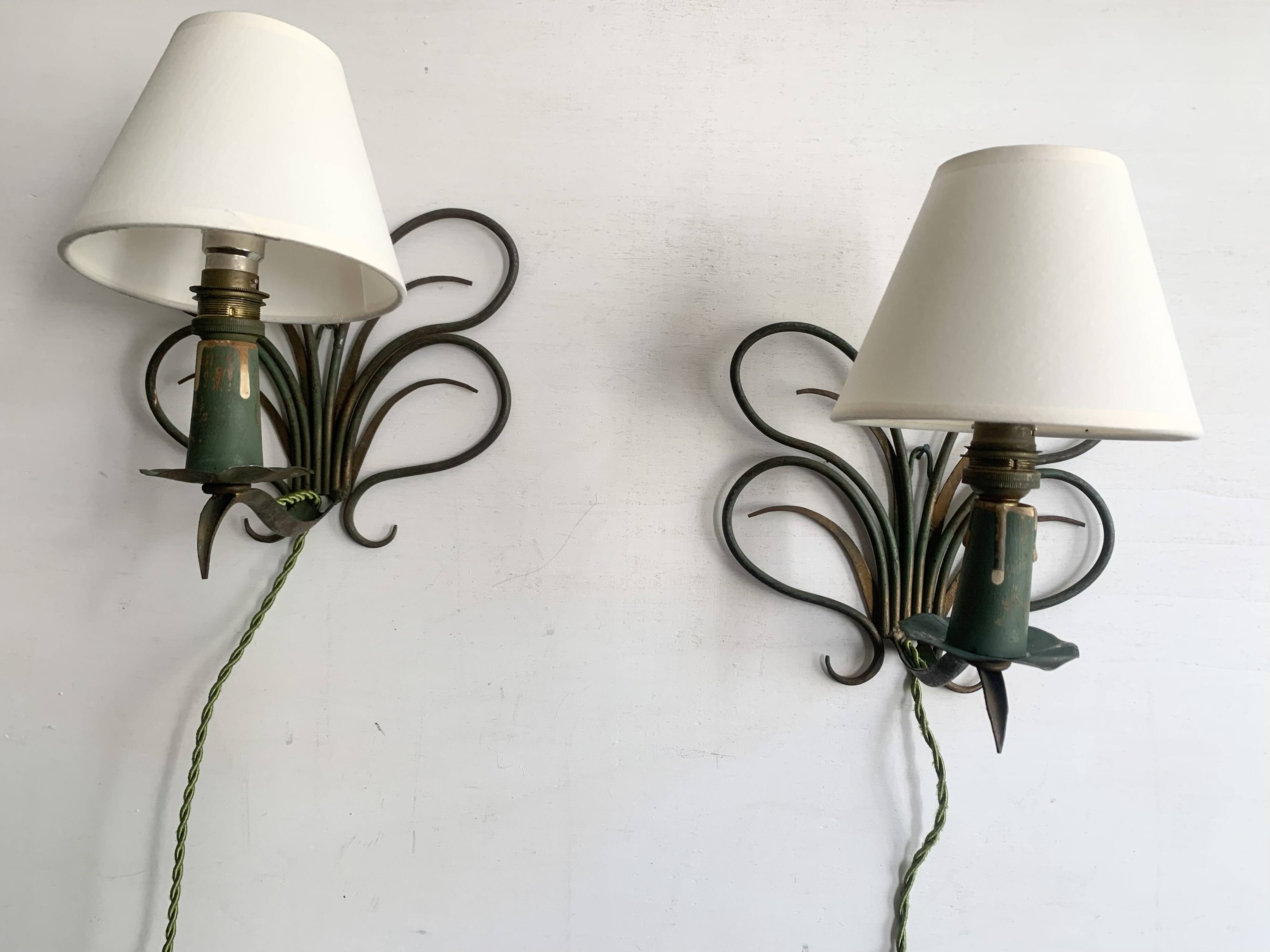 Pair of wall lights in patinated green painted iron, 1950s