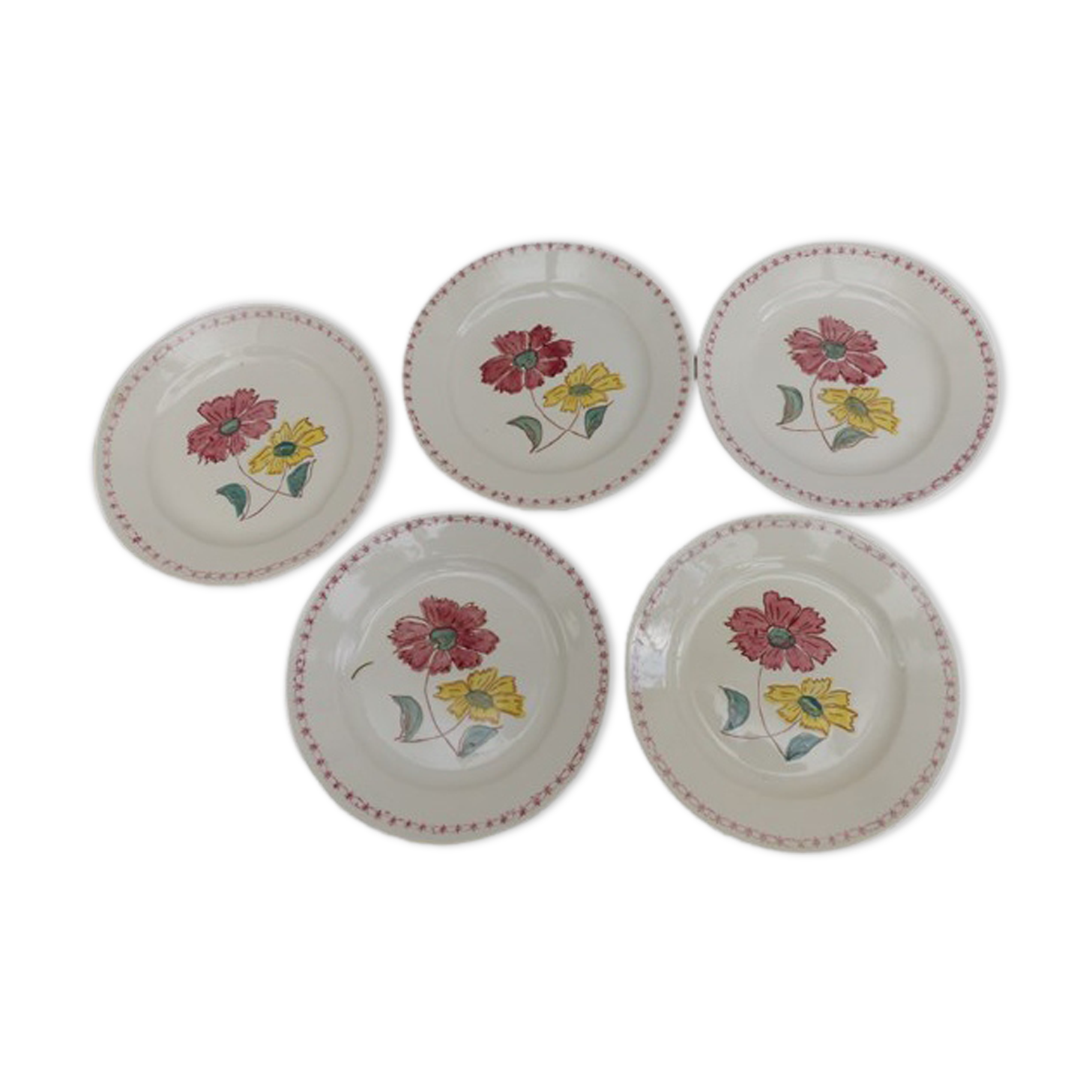 Set of 4 vintage plates in earthenware cream flowers 1950 1960
