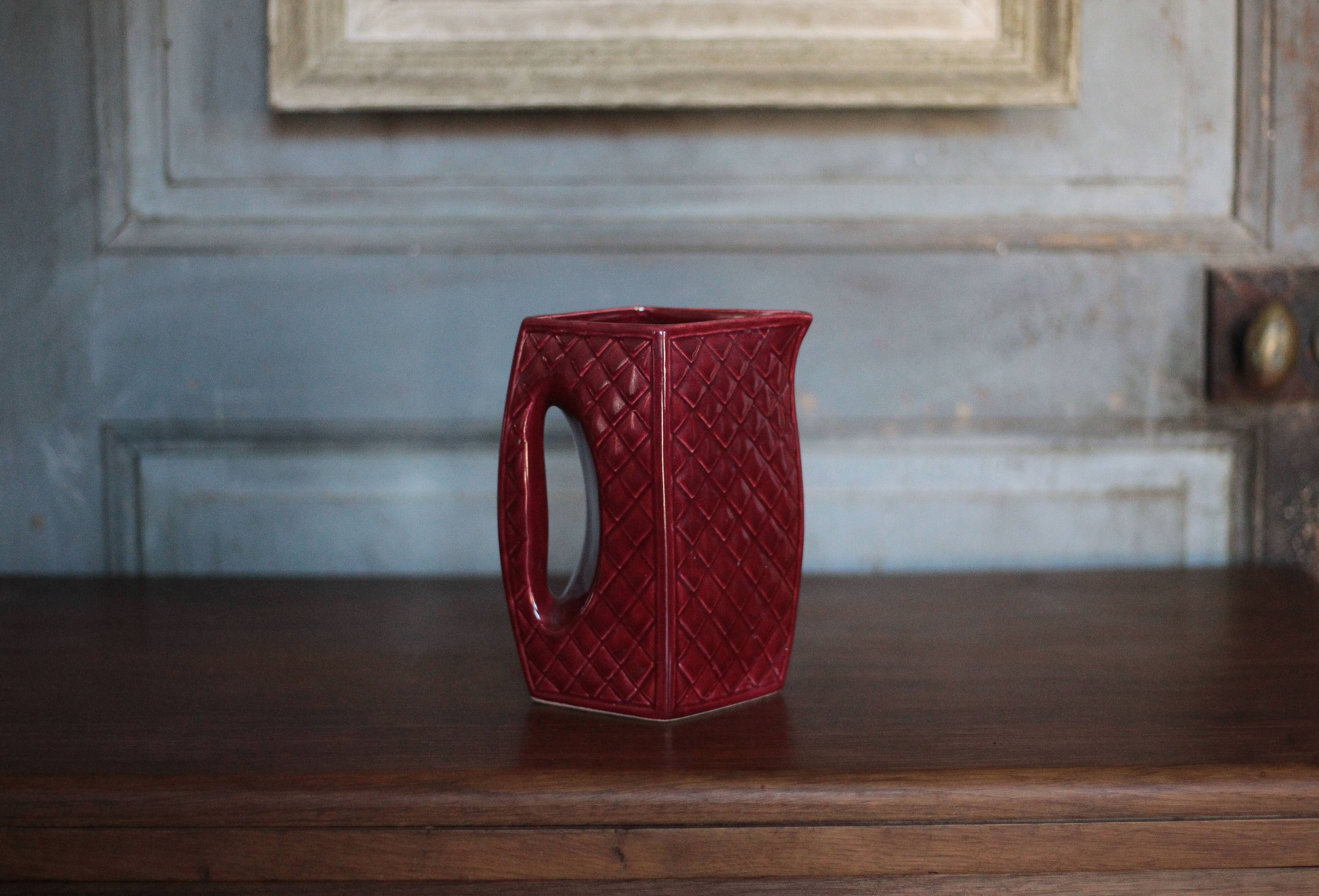 Vintage ceramic pitcher, jug, jug, burgundy red carafe, kitchen