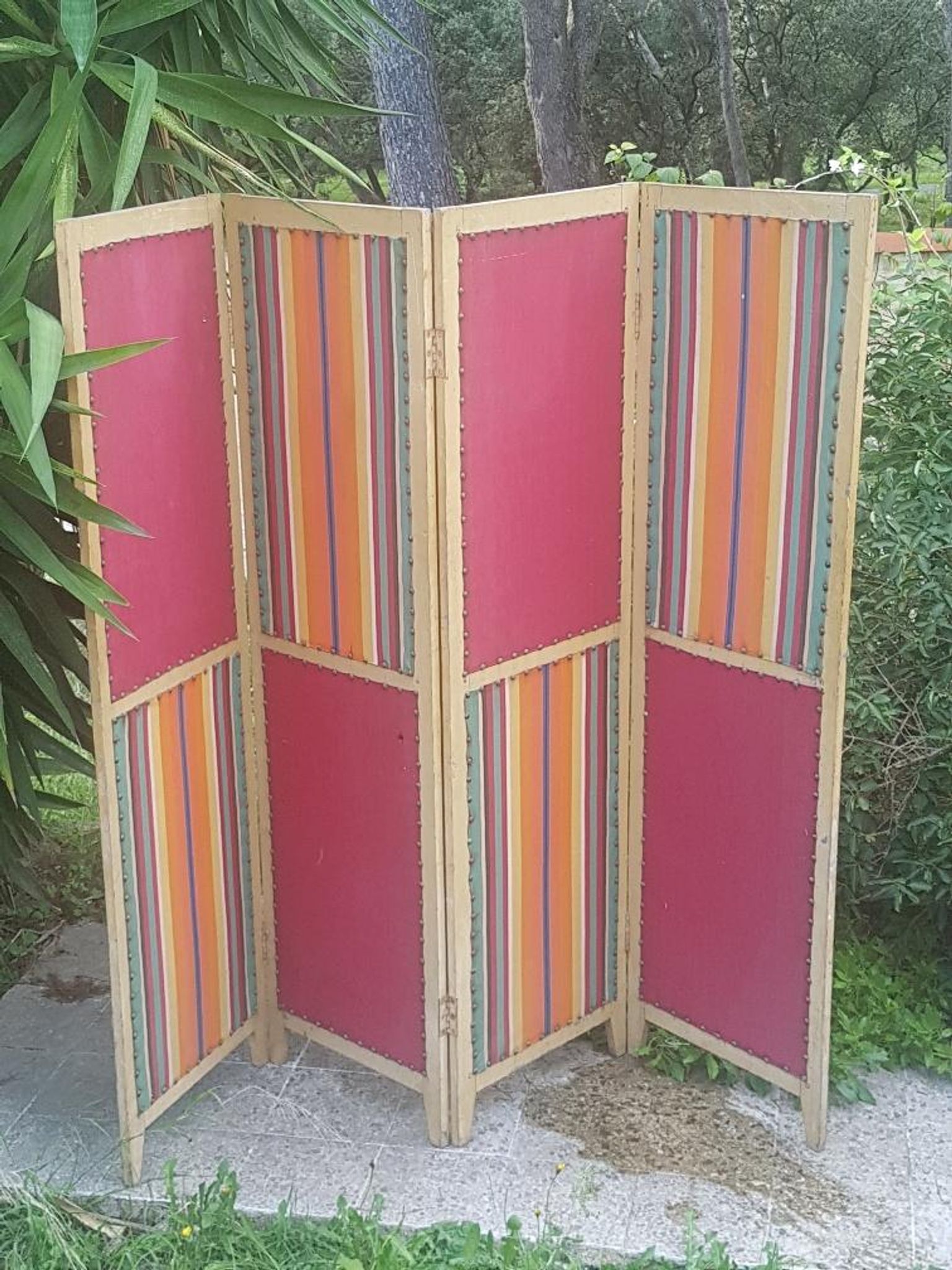 Paravent ancien 4 feuilles bois et tissu
