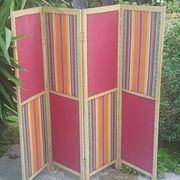 Paravent ancien 4 feuilles bois et tissu