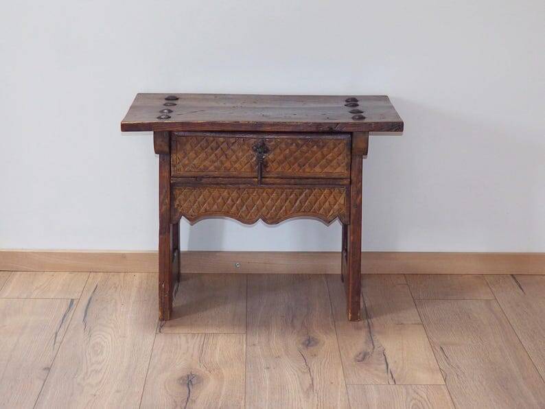 Mid-Century Coffee Table Carved Drawer, Rustic Nailhead Details