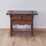 Mid-Century Coffee Table Carved Drawer, Rustic Nailhead Details