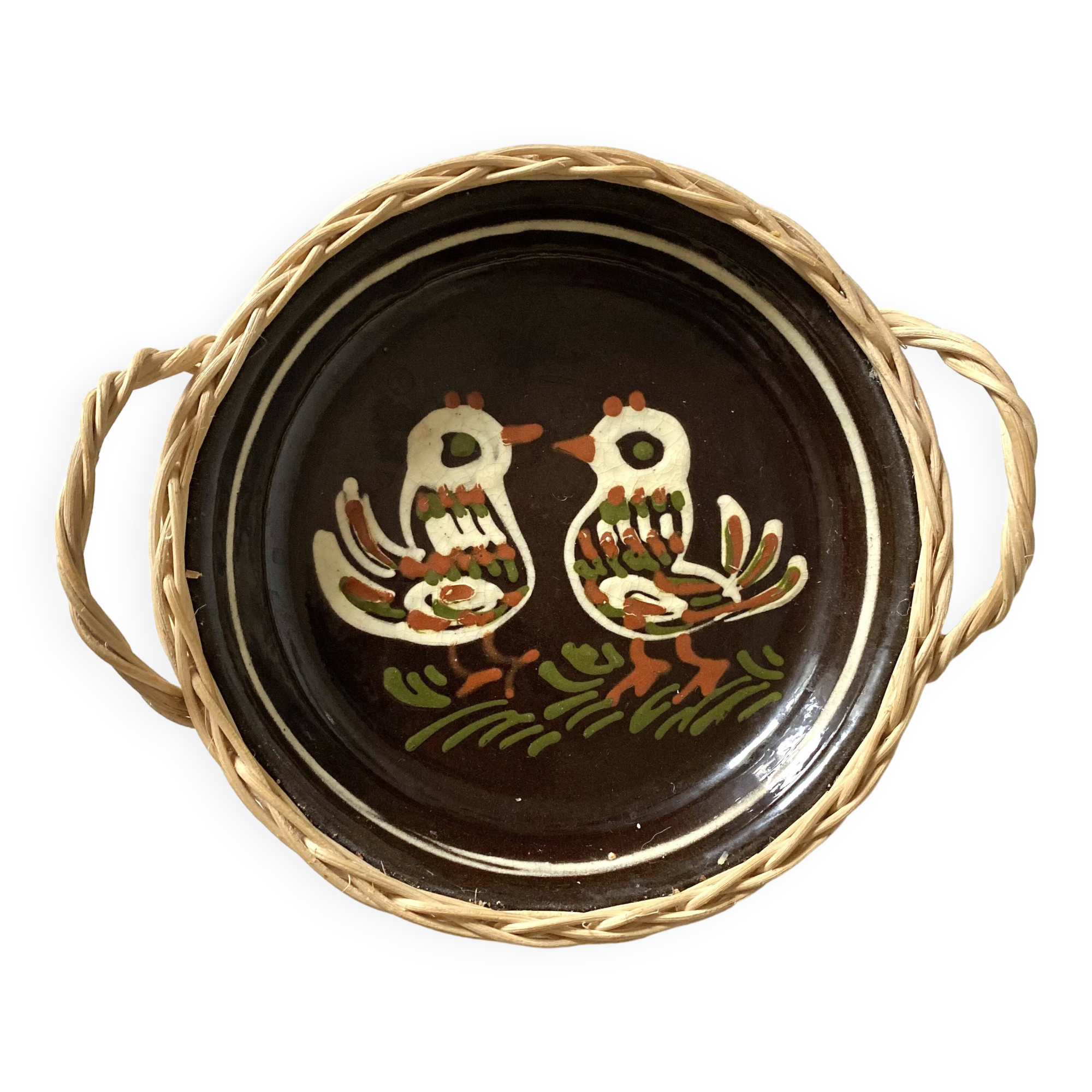 Alsatian wicker and ceramic bird dish