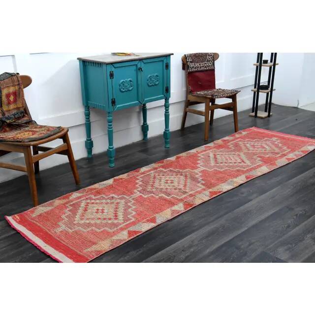 1970s Vintage Turkish Oushak Handmade Wool Cotton Pink Runner Rug 82x300