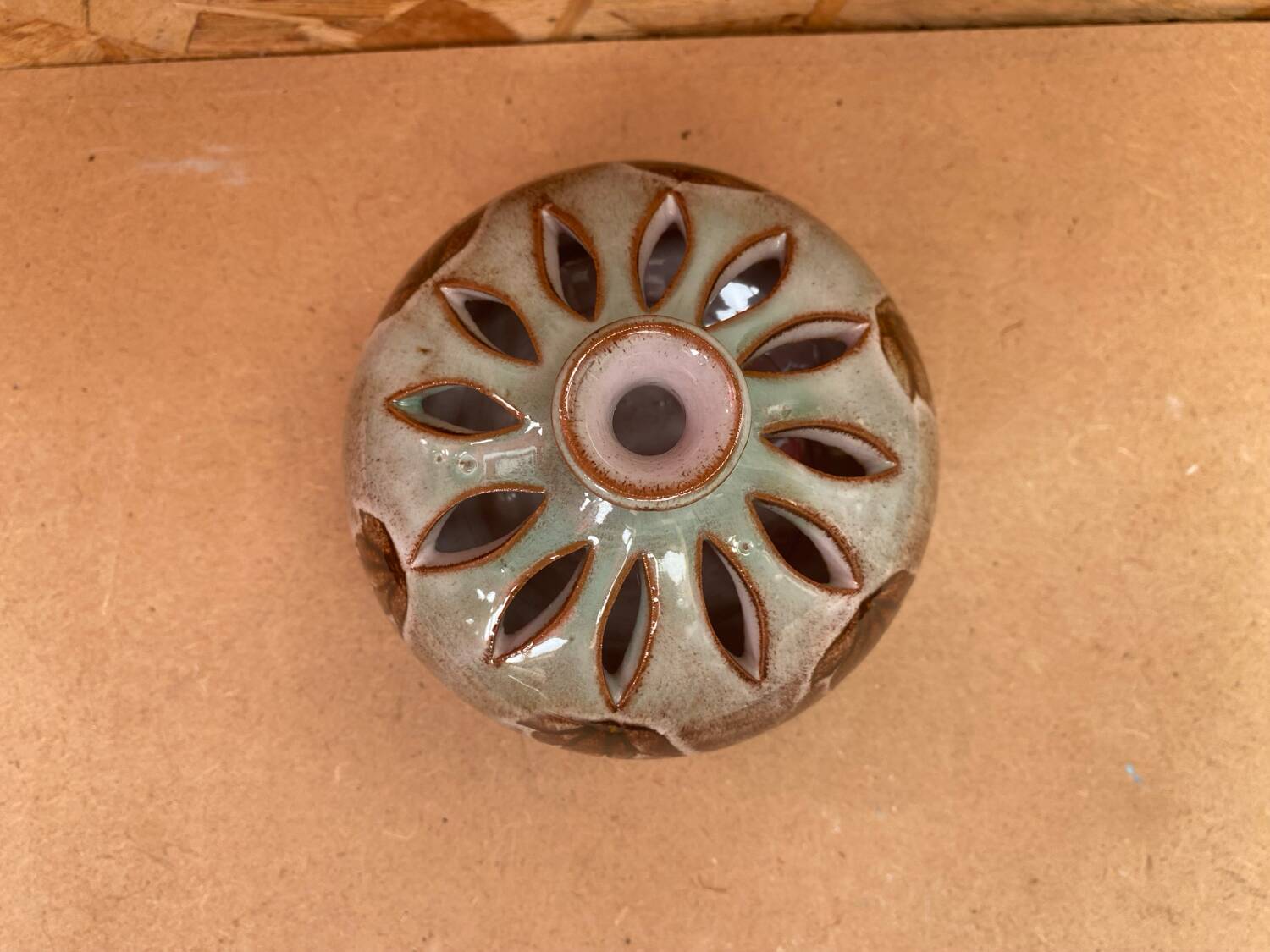 Antique brown glazed ceramic soliflore vase vintage leaf decor