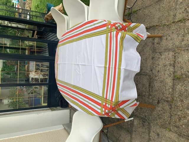 Large rectangular tablecloth with stripes on a vintage white background