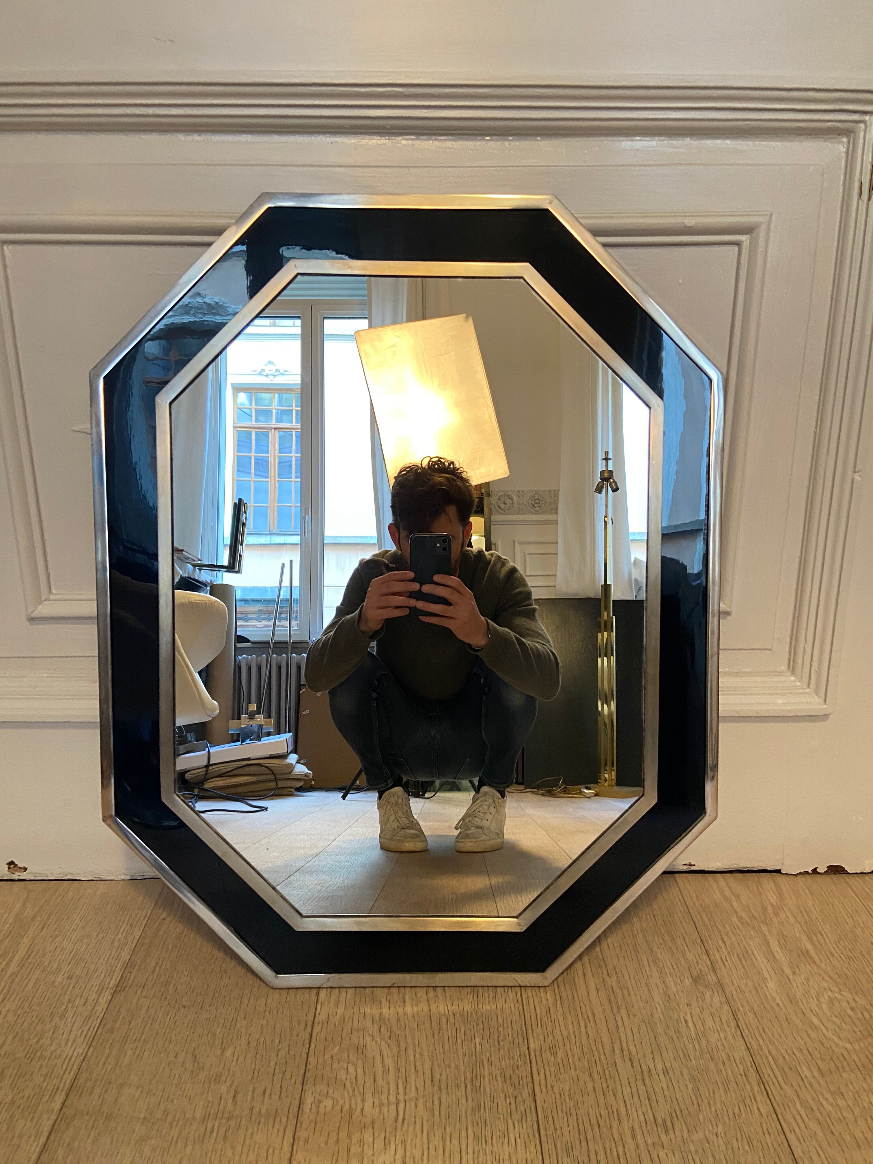 Chrome and blue lacquer mirror, 1970s