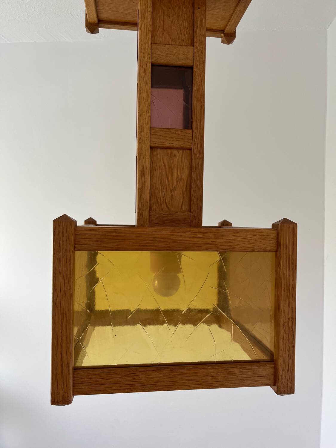 1960s wooden stained glass pendant light