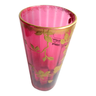 Vase rouleau verre rouge à facettes émaillé Legras Lianes et fleurs dorées à l'or fin