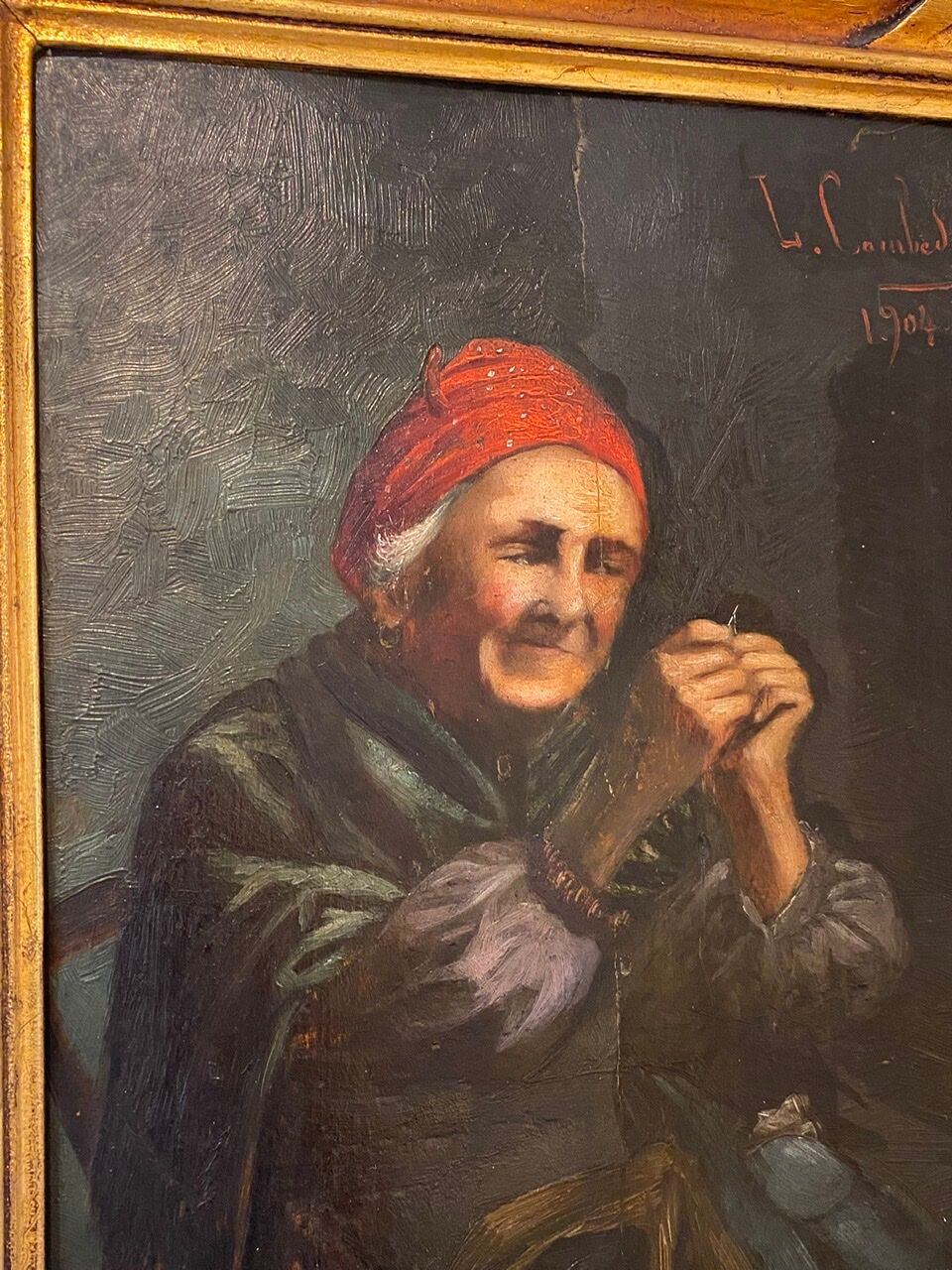 Old painting, the seamstress, signed L Cambedouzou and dated 1904