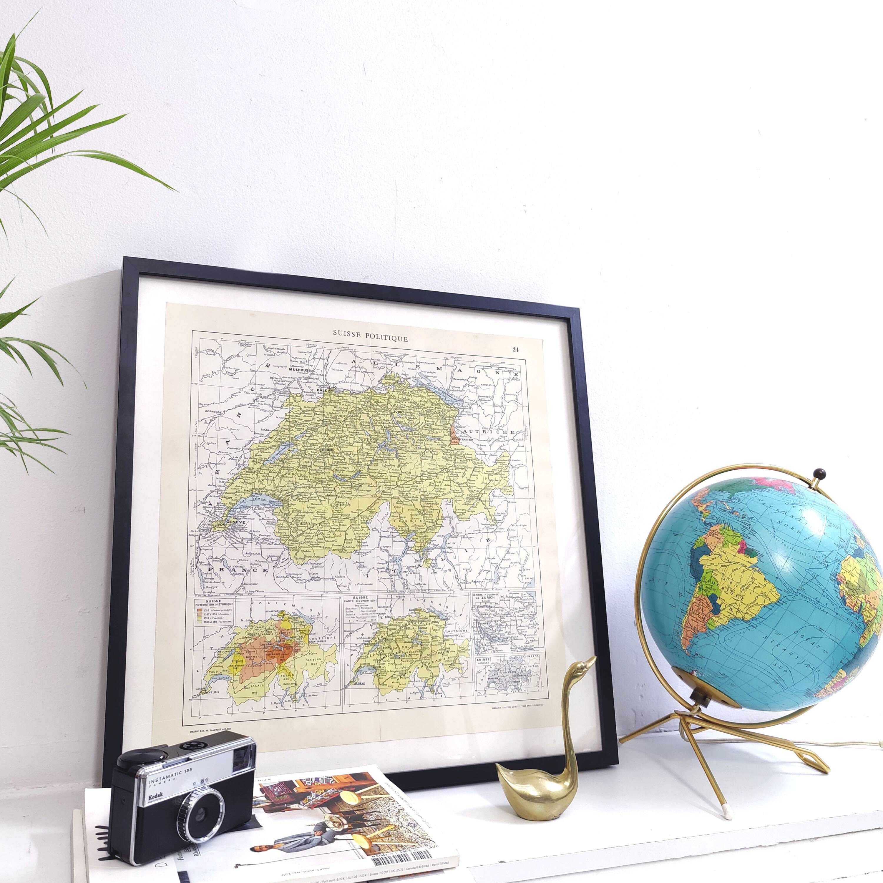 Vintage color map of Switzerland 43x43cm from 1950