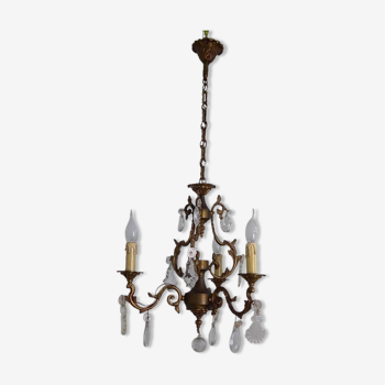 French antique quality bronze 3 light crystal cage chandelier 4040
