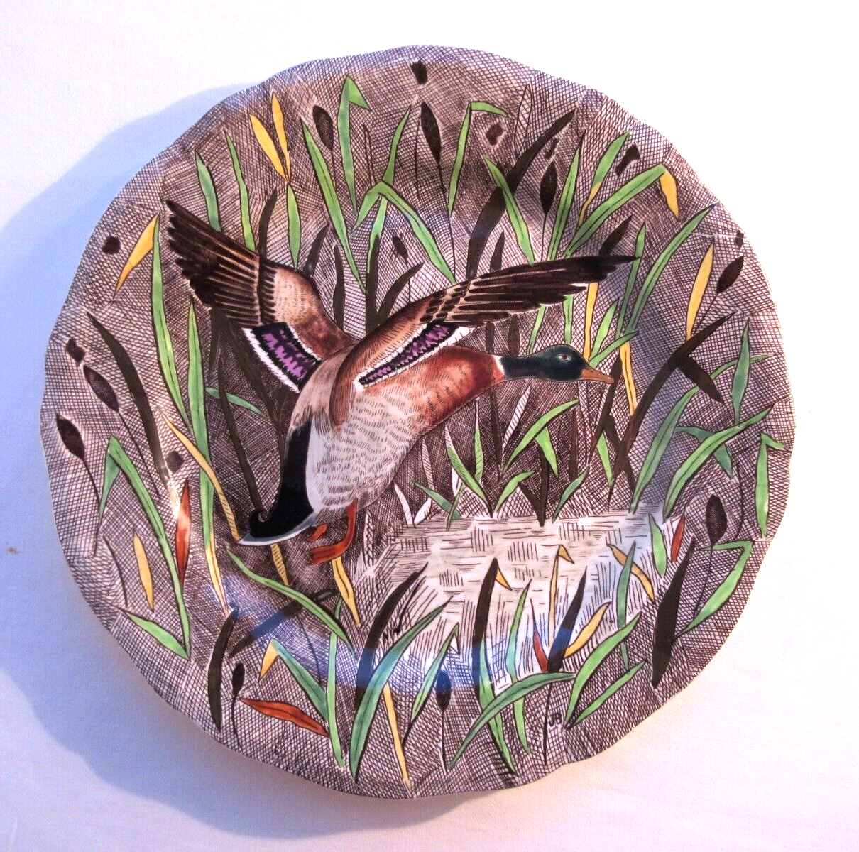 Flat plate signed Gien Rambouillet series, model Le Canard Green collar, 26cm
