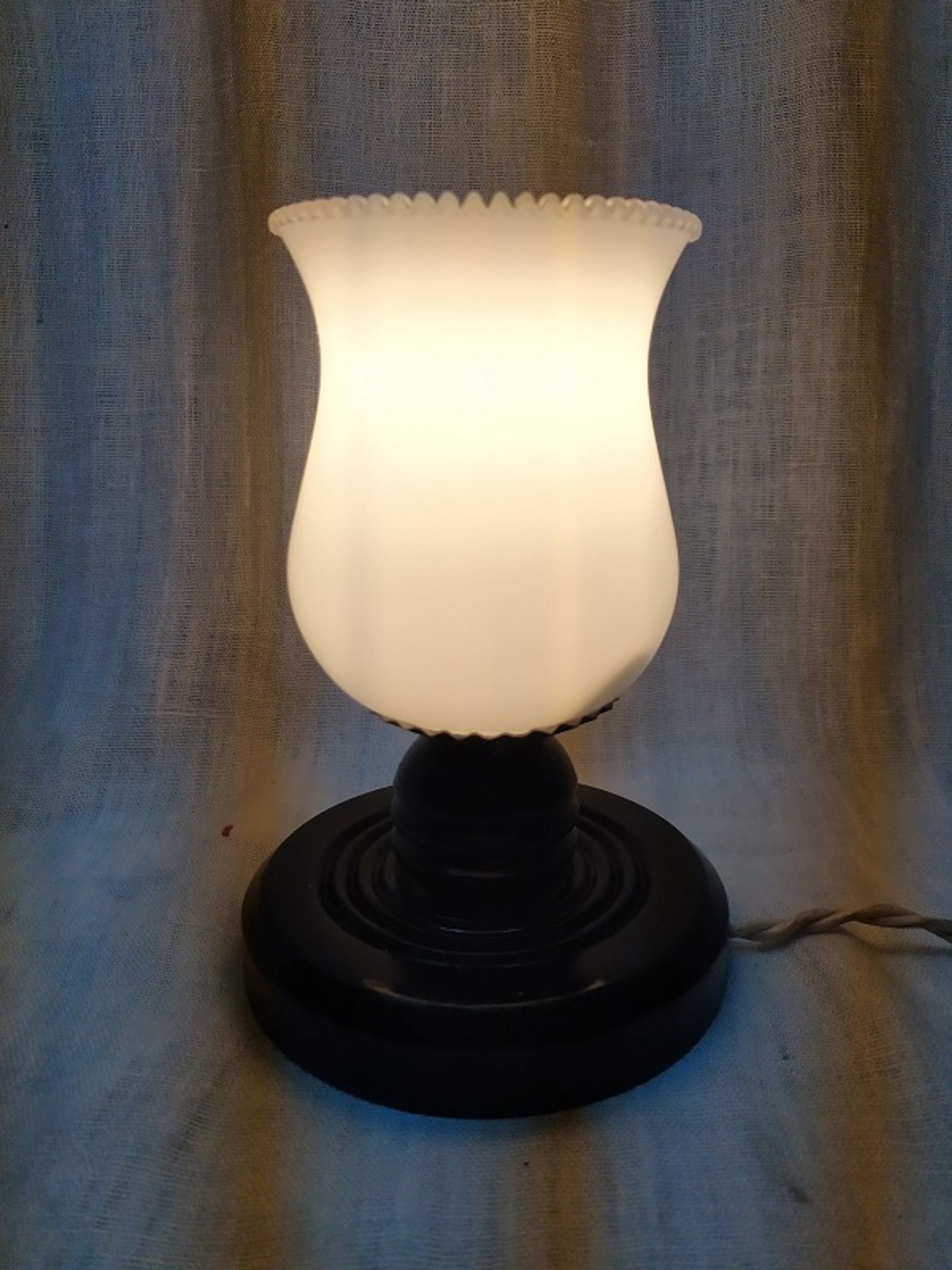 Bedside lamp base wood globe white glass Old Vintage shabby chic