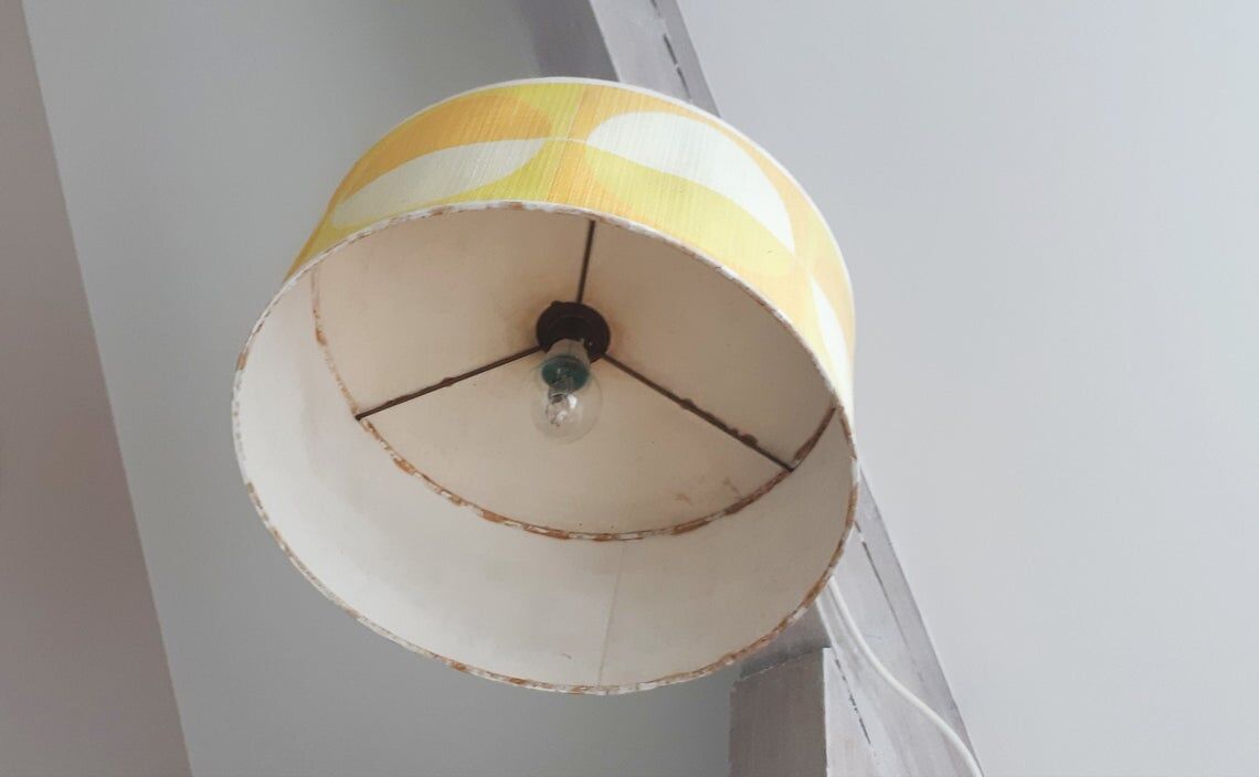 Lampshade for ceiling in embossed cardboard yellow orange 50s